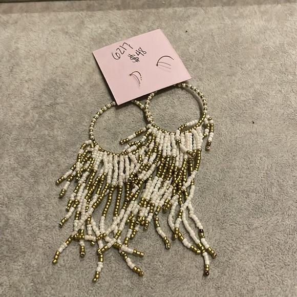 Mere Gold and White Beaded Hoop Earrings - Picture 2 of 2